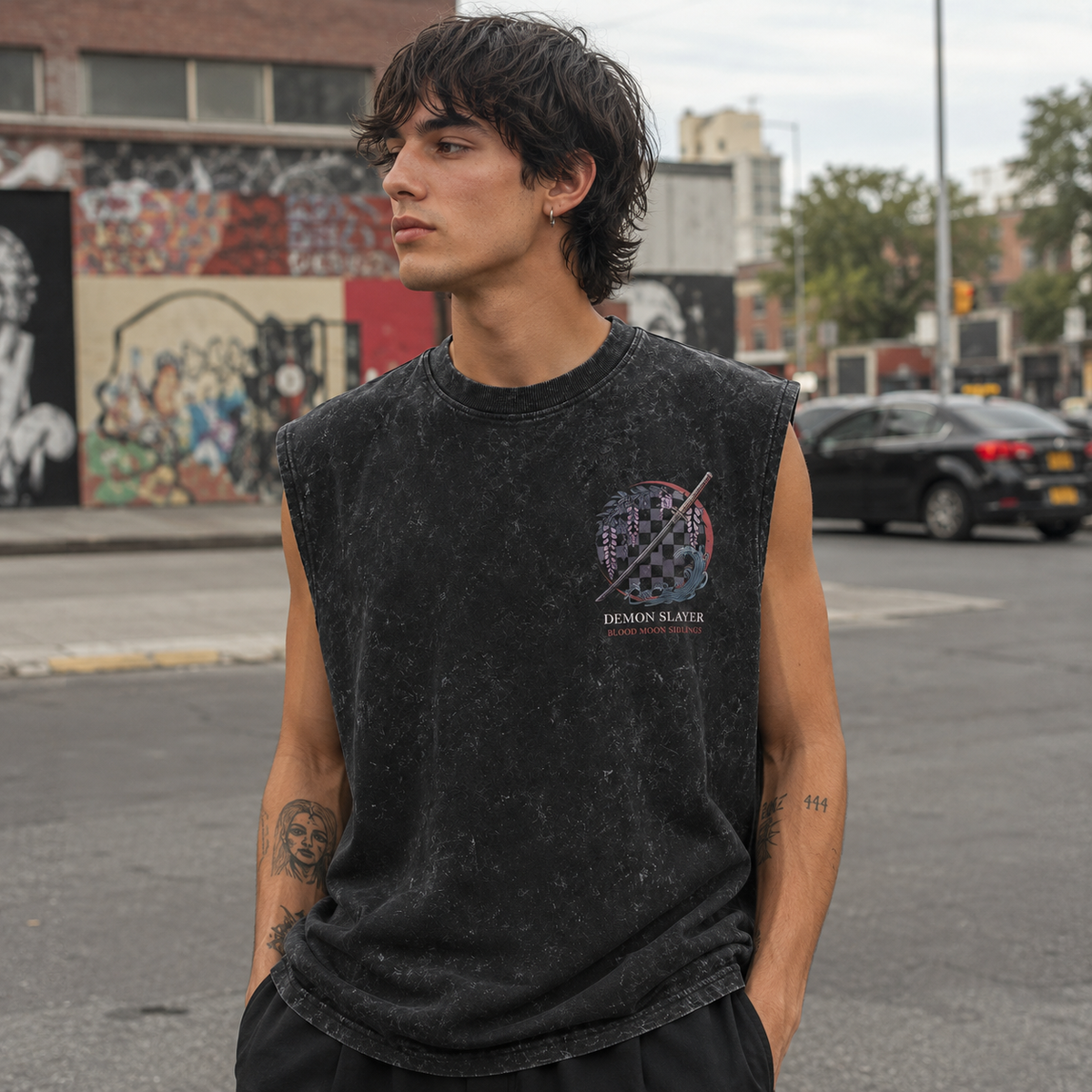 Tanjiro Kamado & Nezuko Kamado Demon Slayer Anime Tank Top - Blood Moon Siblings Acid Wash Vest