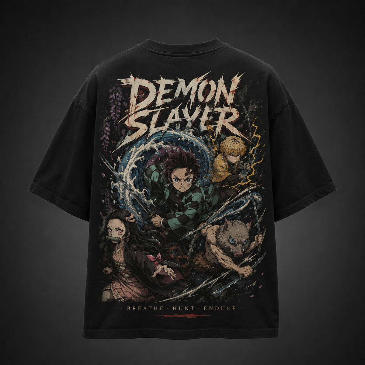 Tanjiro Kamado, Nezuko Kamado, Zenitsu Agatsuma, Inosuke Hashibira Demon Slayer Anime Graphic Tee - Breathe Hunt Endure