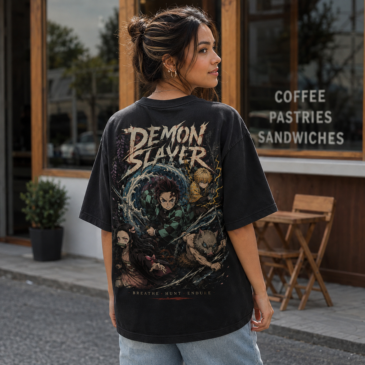 Tanjiro Kamado, Nezuko Kamado, Zenitsu Agatsuma, Inosuke Hashibira Demon Slayer Anime Graphic Tee - Breathe Hunt Endure