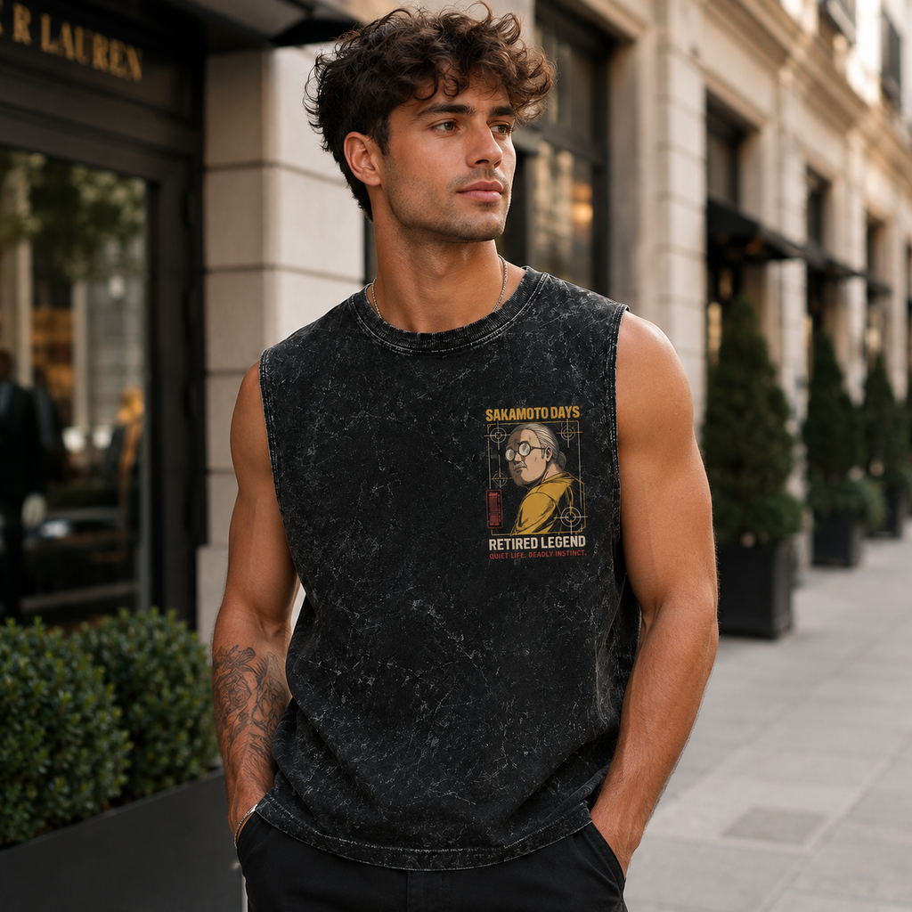Taro Sakamoto Sakamoto Days Anime Tank Top - Calm Under Fire Acid Wash Vest