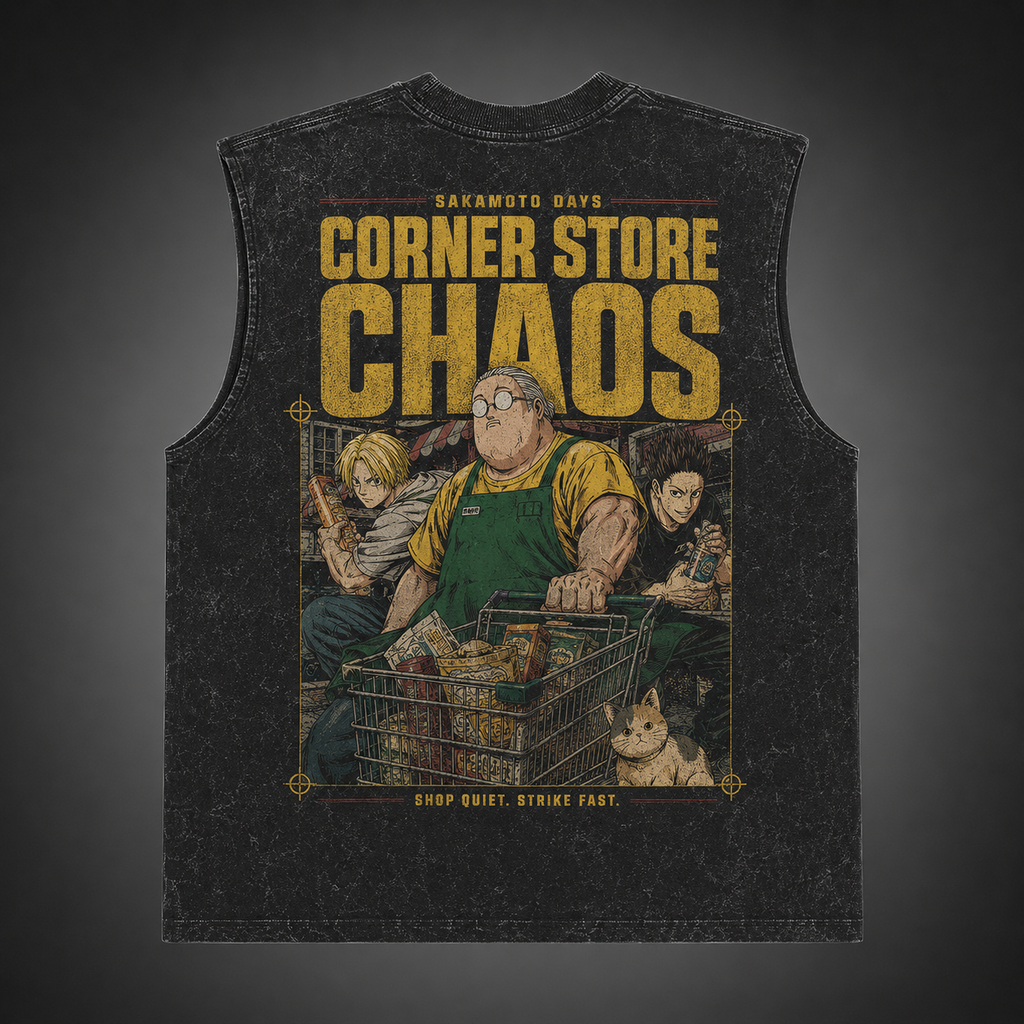 Taro Sakamoto & Shin Asakura Sakamoto Days Anime Tank Top - Corner Store Chaos Acid Wash Vest