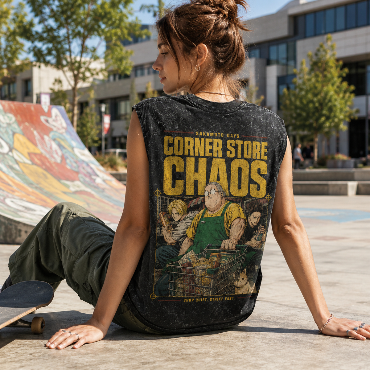 Taro Sakamoto & Shin Asakura Sakamoto Days Anime Tank Top - Corner Store Chaos Acid Wash Vest