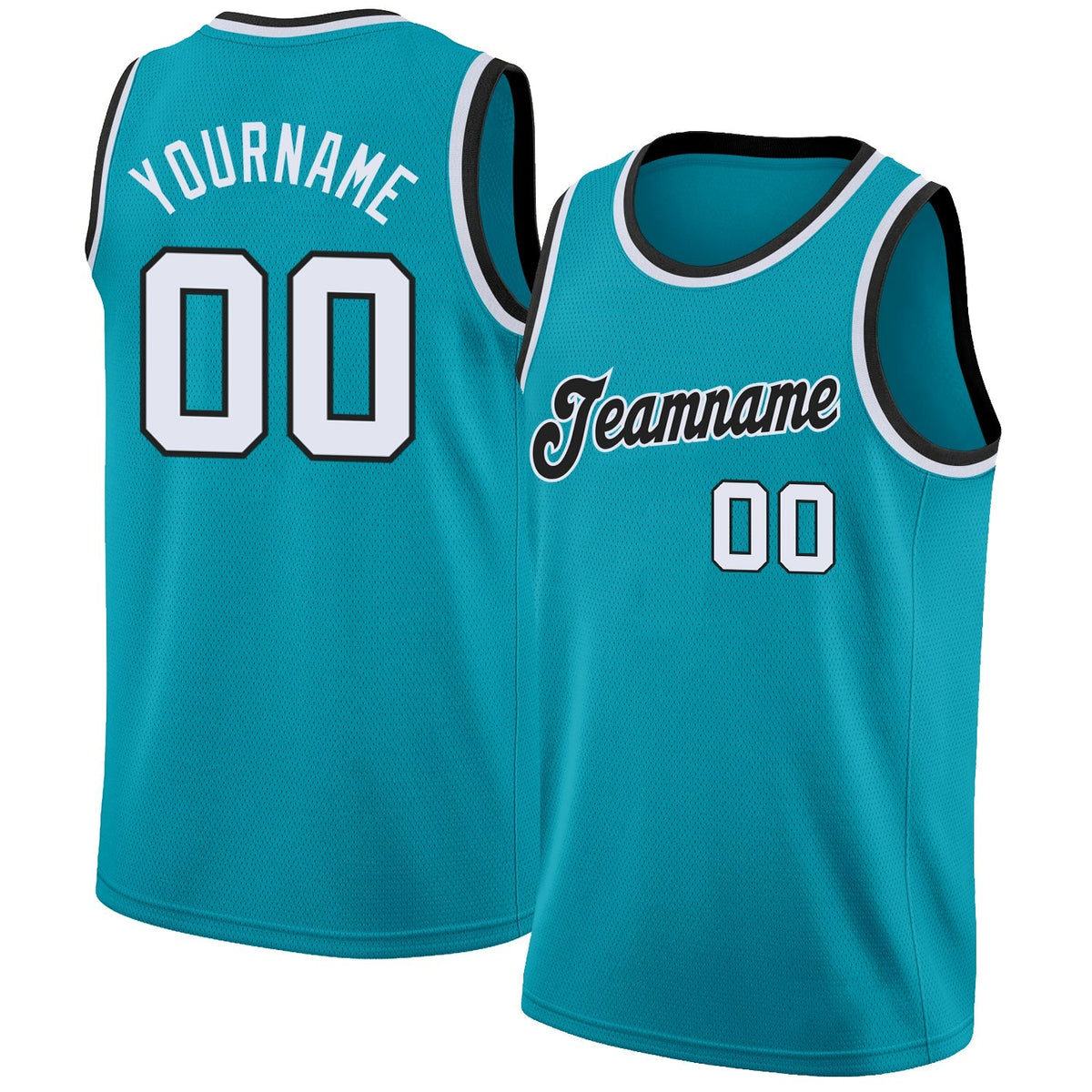 Custom Basketball Jersey - Teal White-Black Round Neck Rib-Knit