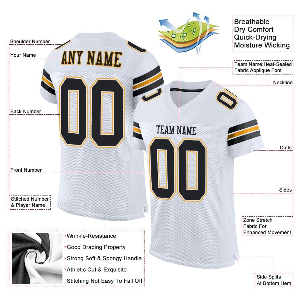 Custom Football Jersey - White Black-Gold Mesh - Style White0004