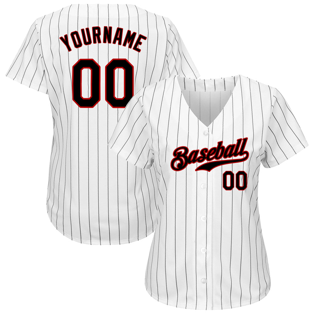 Custom Baseball Jersey - White Black Pinstripe Black-Red