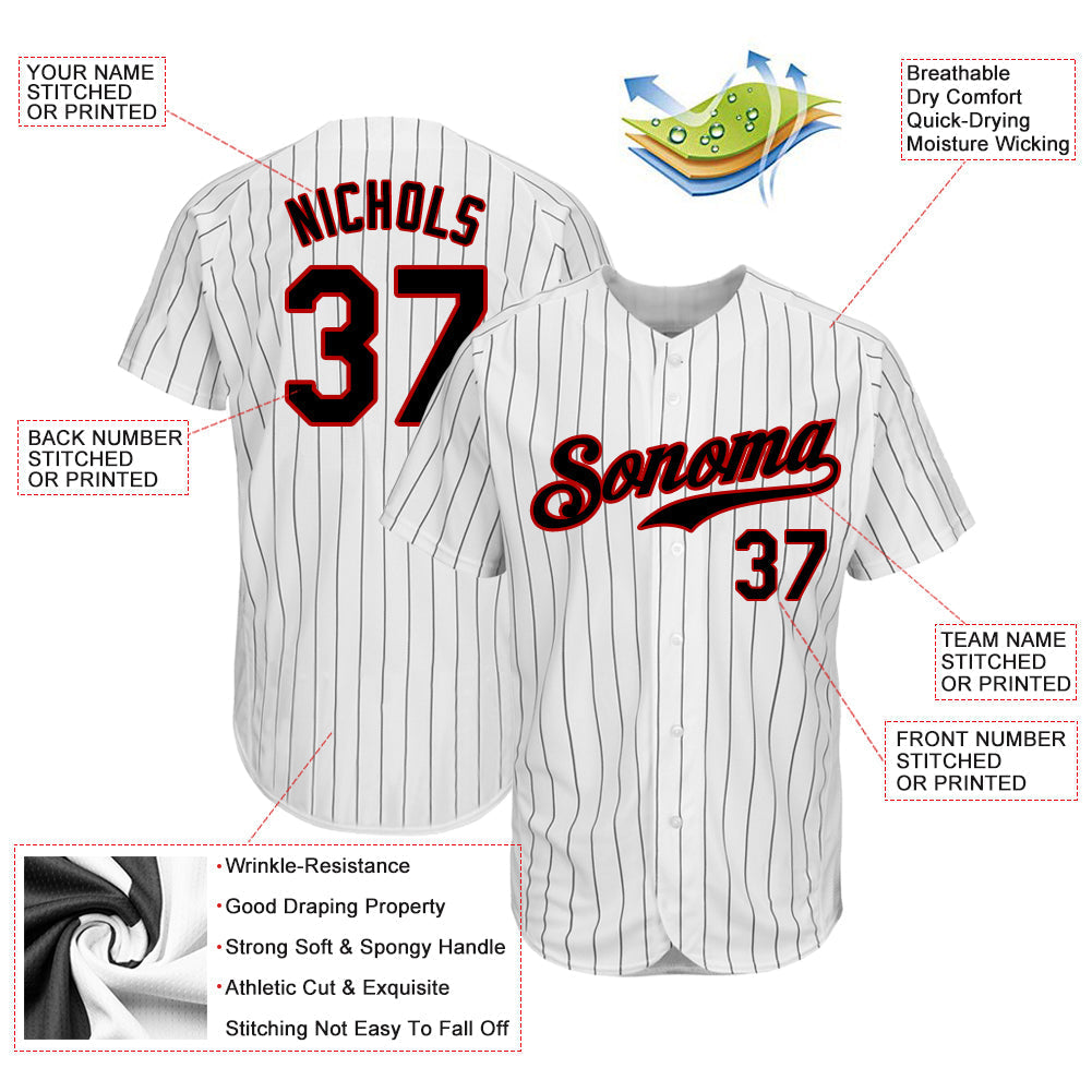 Custom Baseball Jersey - White Black Pinstripe Black-Red