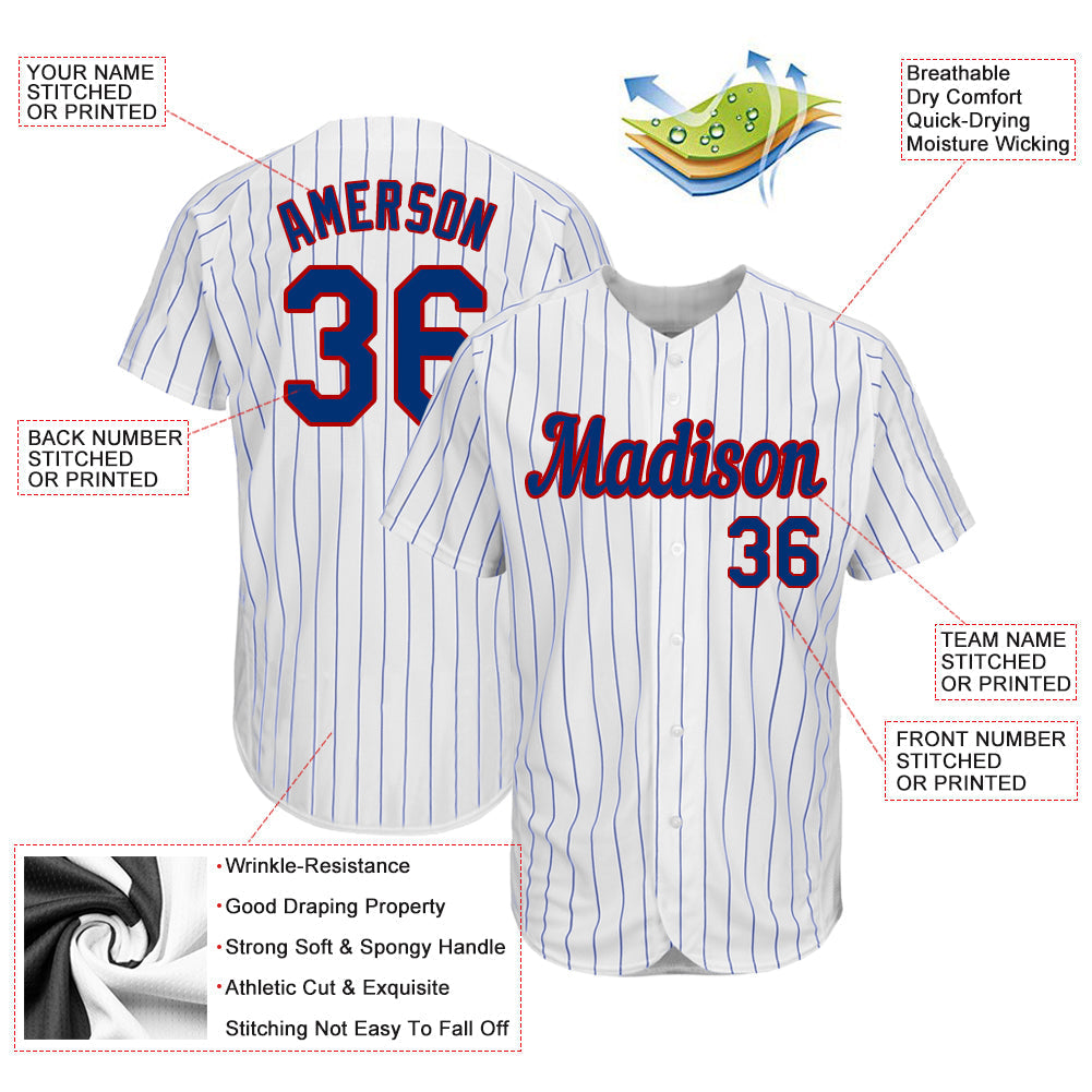 Custom Baseball Jersey - White Royal Pinstripe Royal-Red