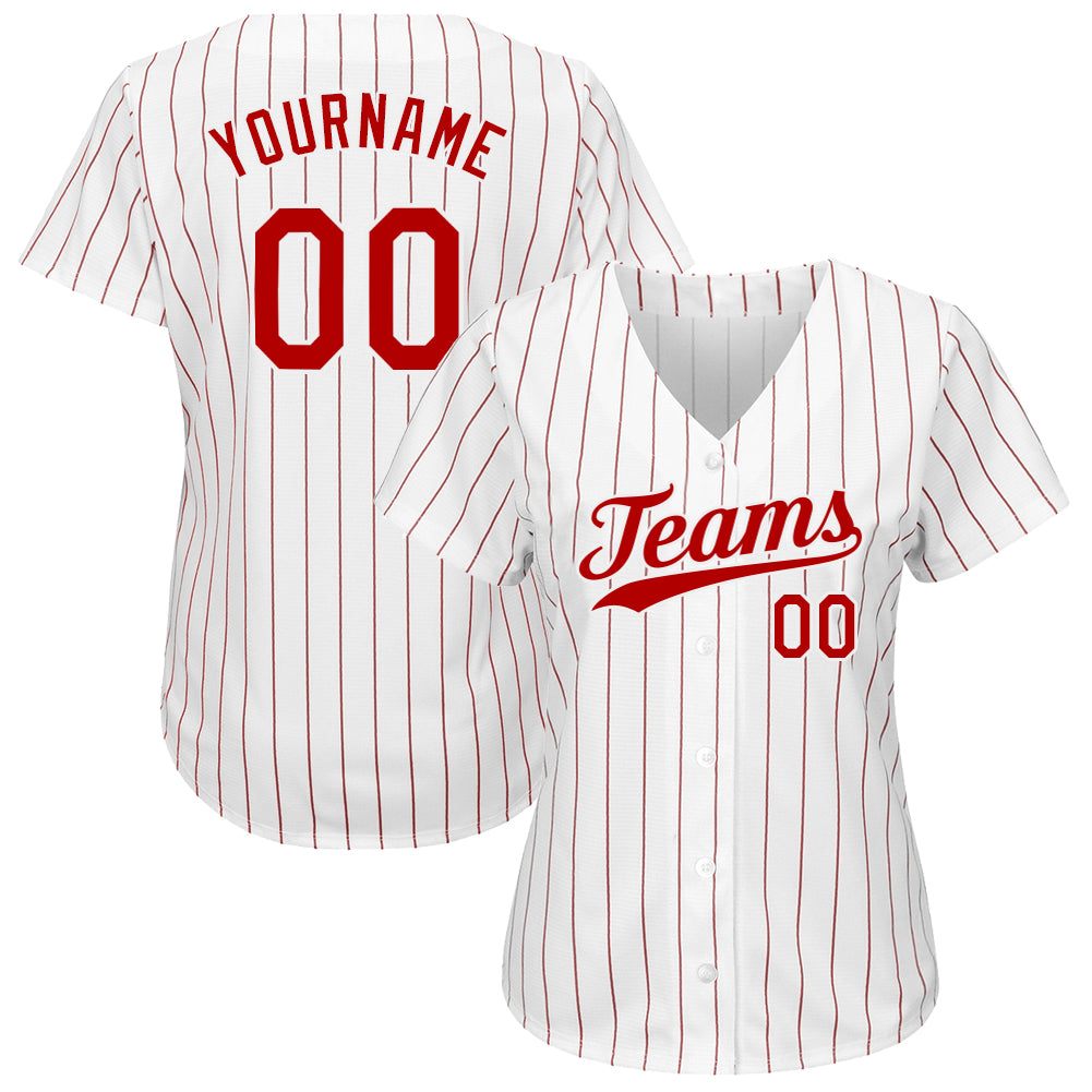 Custom Baseball Jersey - White Red Pinstripe Red-White
