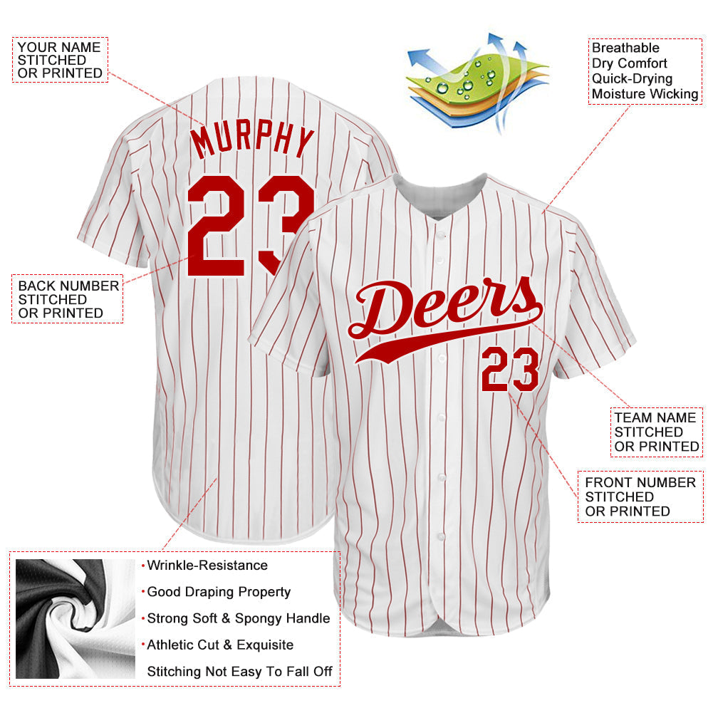 Custom Baseball Jersey - White Red Pinstripe Red-White