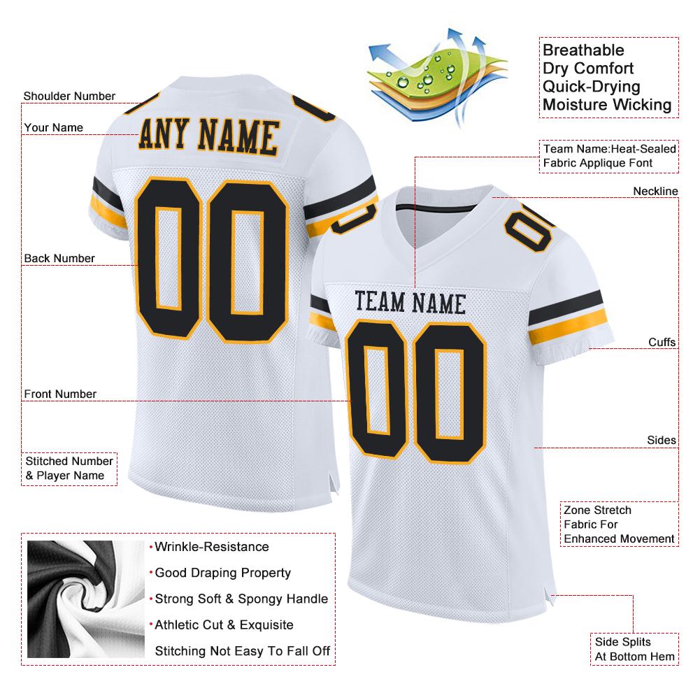 Custom Football Jersey - White Black-Gold Mesh - Style White0207