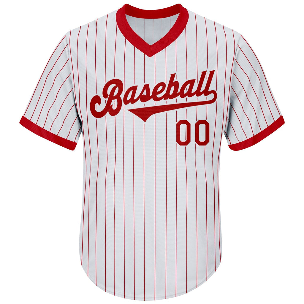 Custom Baseball Jersey - White Red Pinstripe Red-White Throwback Rib-Knit