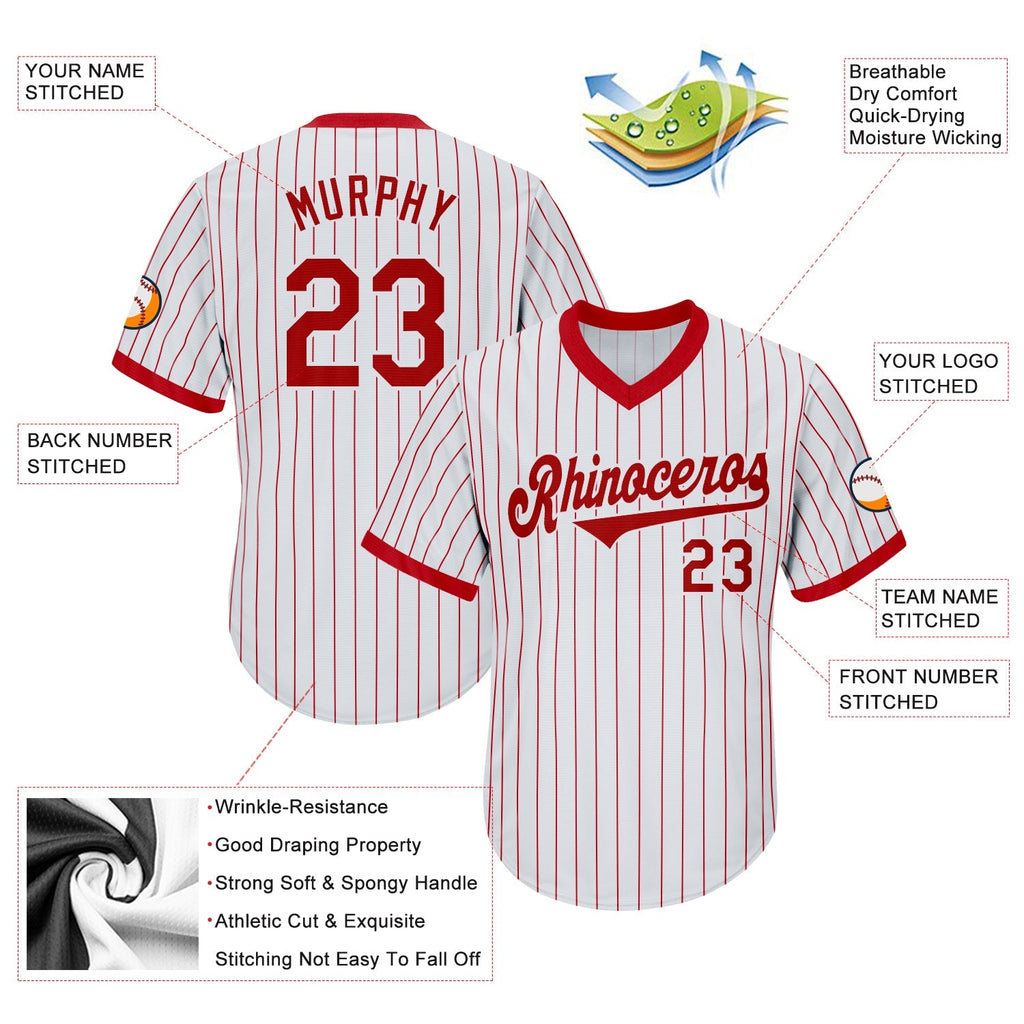 Custom Baseball Jersey - White Red Pinstripe Red-White Throwback Rib-Knit