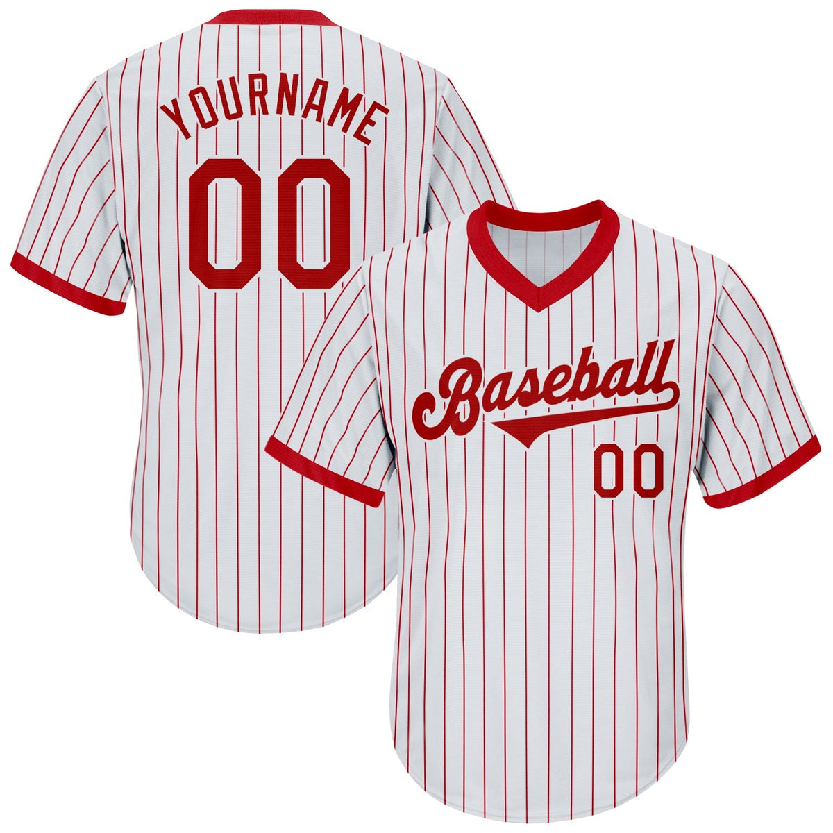 Custom Baseball Jersey - White Red Pinstripe Red-White Throwback Rib-Knit