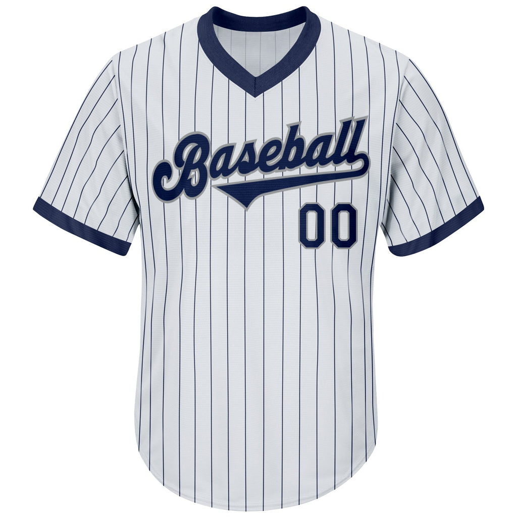 Custom Baseball Jersey - White Navy Pinstripe Navy-Gray Throwback Rib-Knit