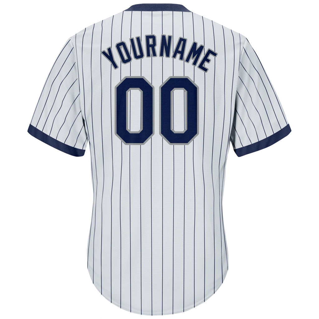 Custom Baseball Jersey - White Navy Pinstripe Navy-Gray Throwback Rib-Knit