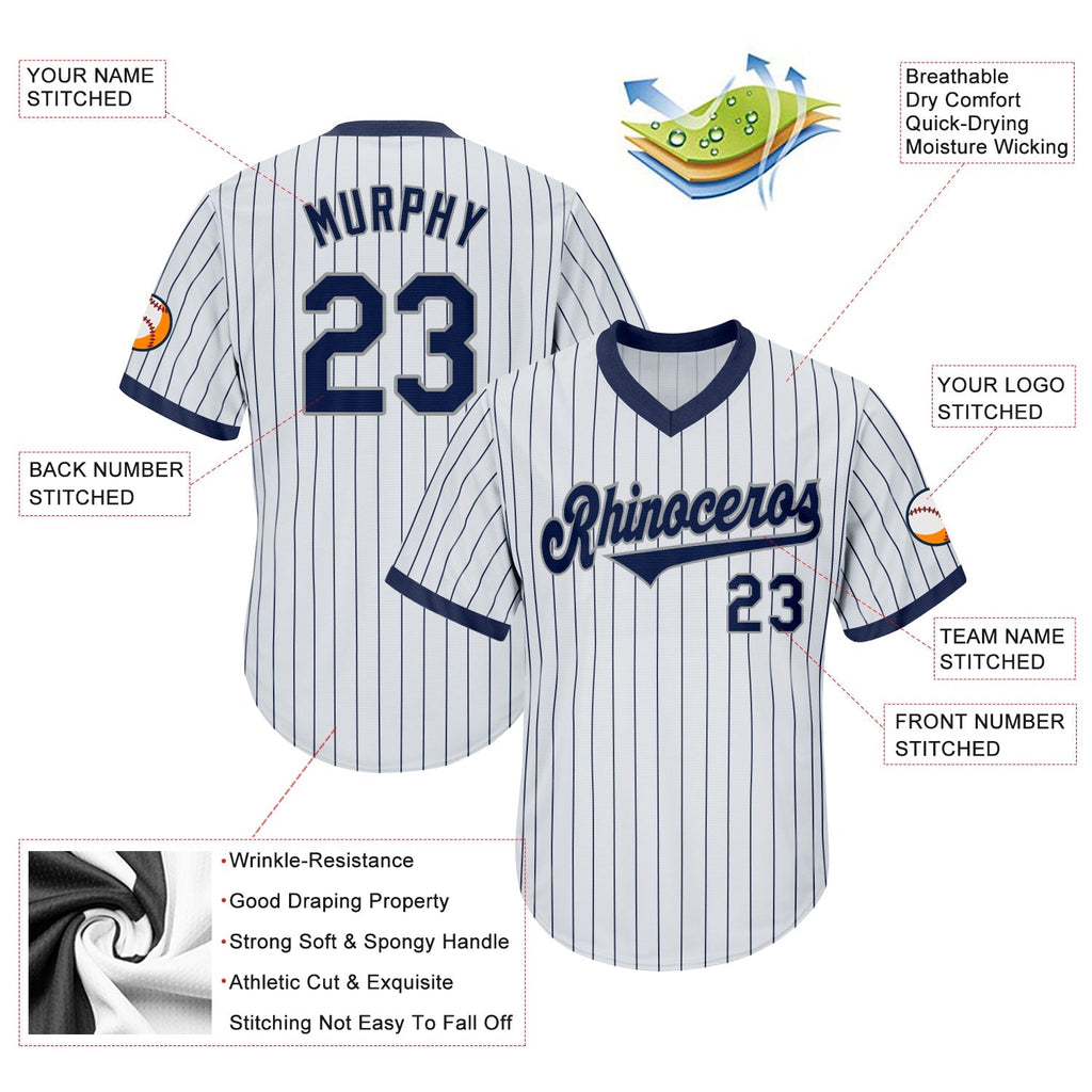 Custom Baseball Jersey - White Navy Pinstripe Navy-Gray Throwback Rib-Knit