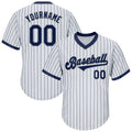 Custom Baseball Jersey - White Navy Pinstripe Navy-Gray Throwback Rib-Knit