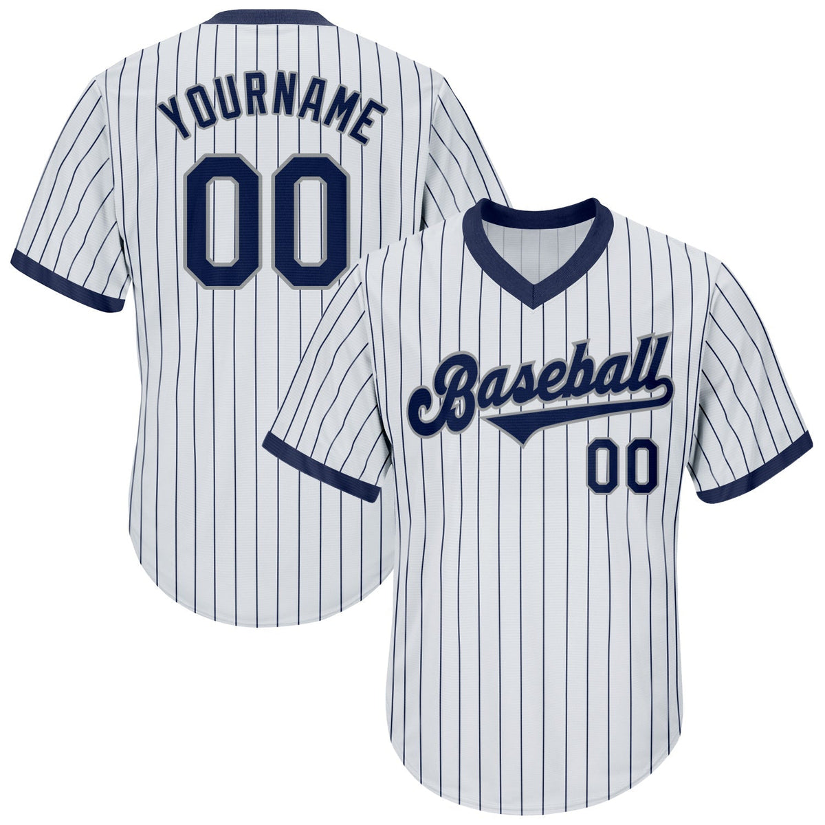 Custom Baseball Jersey - White Navy Pinstripe Navy-Gray Throwback Rib-Knit