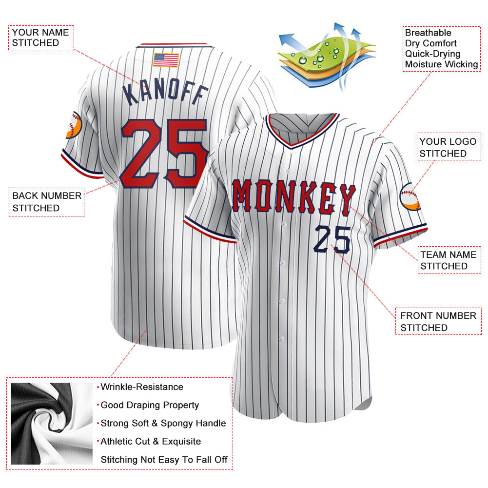 Custom Baseball Jersey - White Navy Pinstripe Red-Navy American Flag Fashion
