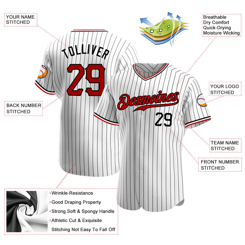 Custom Baseball Jersey - White Black Pinstripe Red-Black