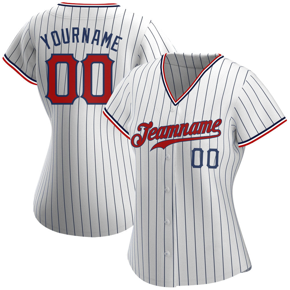 Custom Baseball Jersey - White Navy Pinstripe Red-Navy