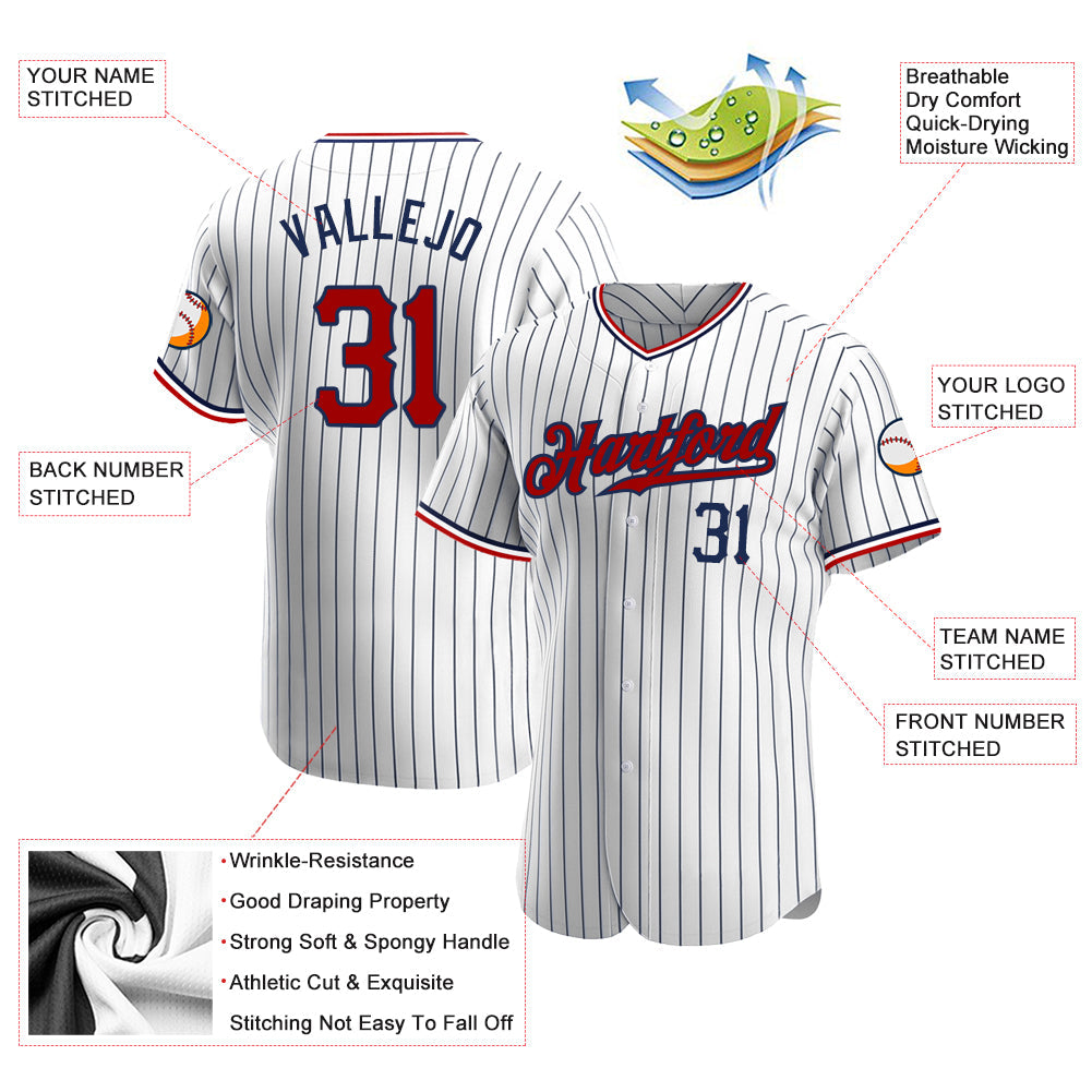 Custom Baseball Jersey - White Navy Pinstripe Red-Navy