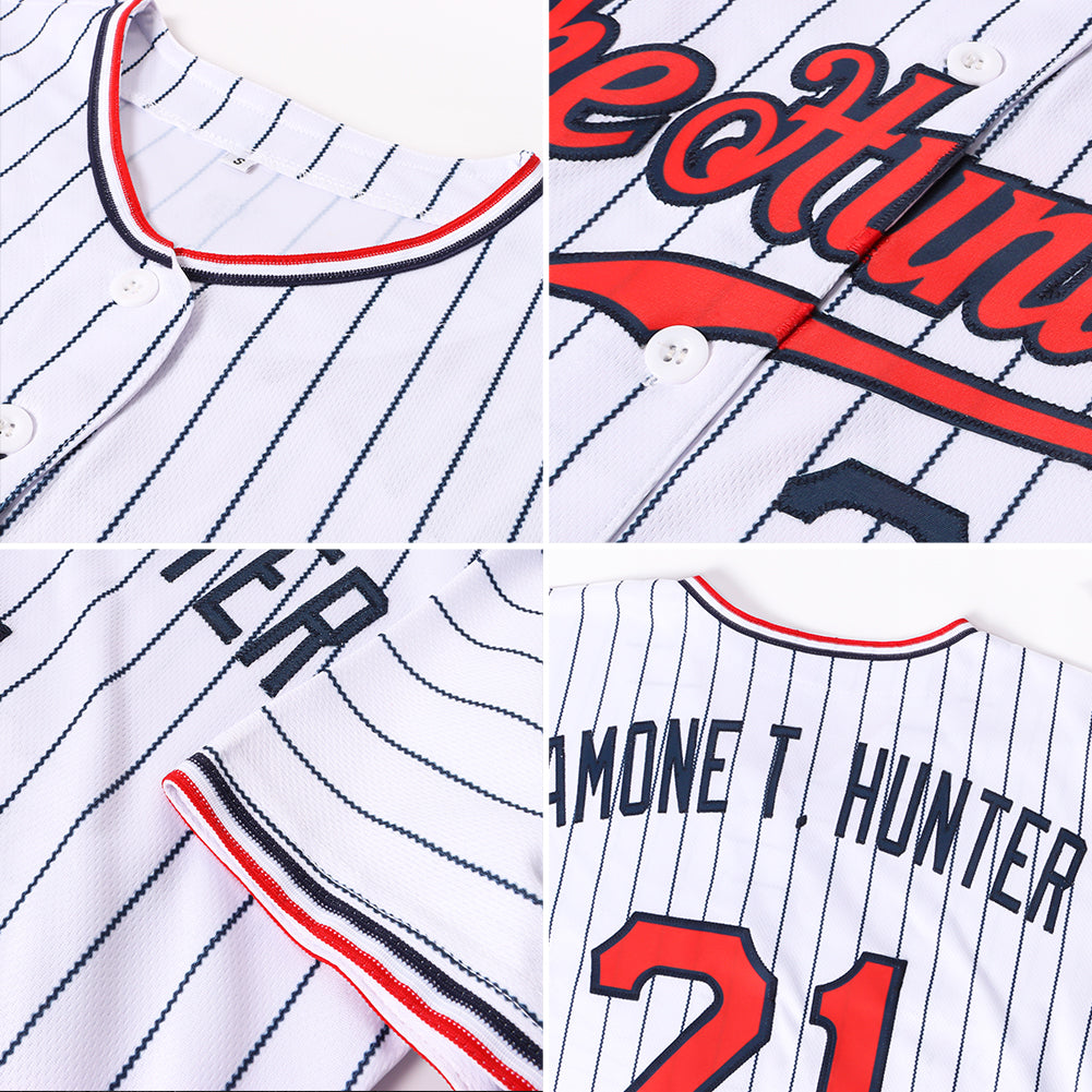 Custom Baseball Jersey - White Navy Pinstripe Red-Navy