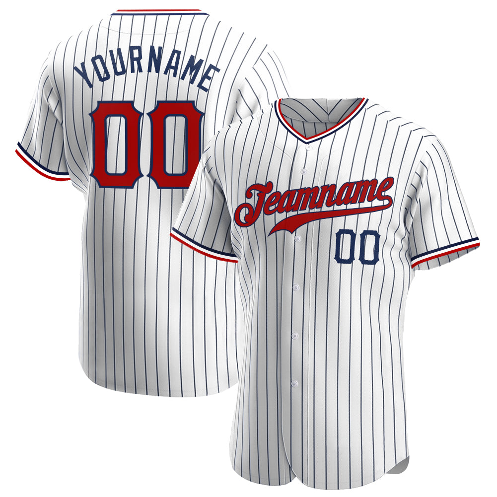 Custom Baseball Jersey - White Navy Pinstripe Red-Navy