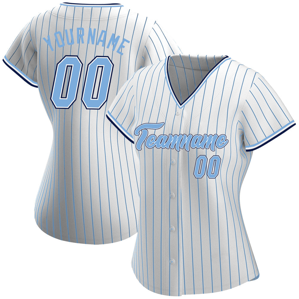 Custom Baseball Jersey - White Light Blue Pinstripe Light Blue-Navy