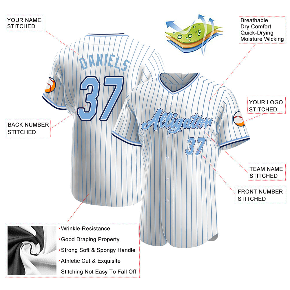 Custom Baseball Jersey - White Light Blue Pinstripe Light Blue-Navy