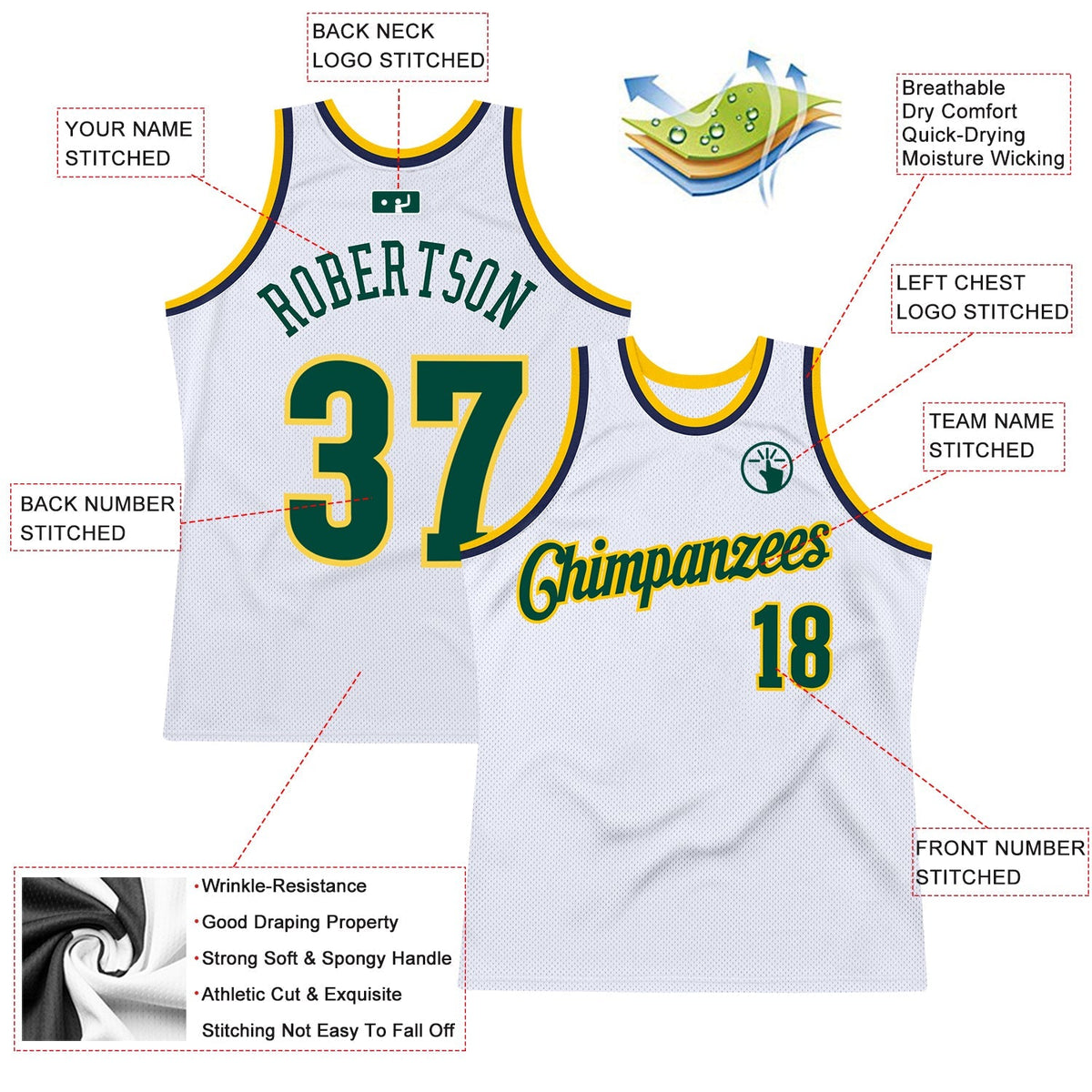 Custom Basketball Jersey - White Hunter Green-Gold Throwback