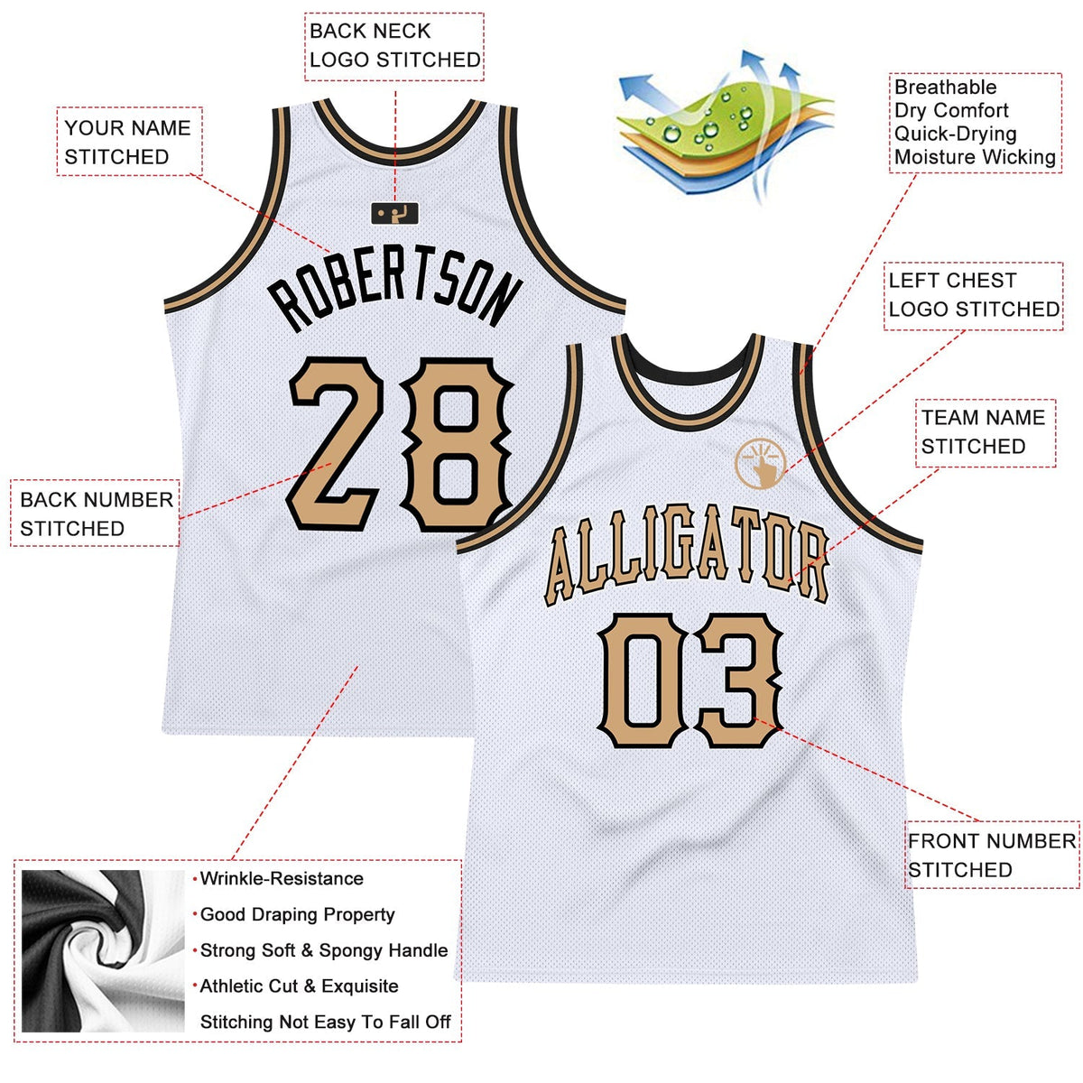 Custom Basketball Jersey - White Old Gold-Black Throwback