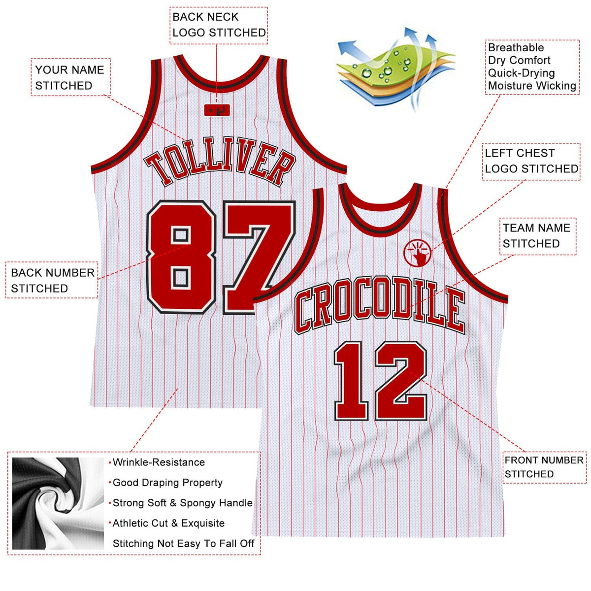Custom Basketball Jersey - White Red Pinstripe Red-Black