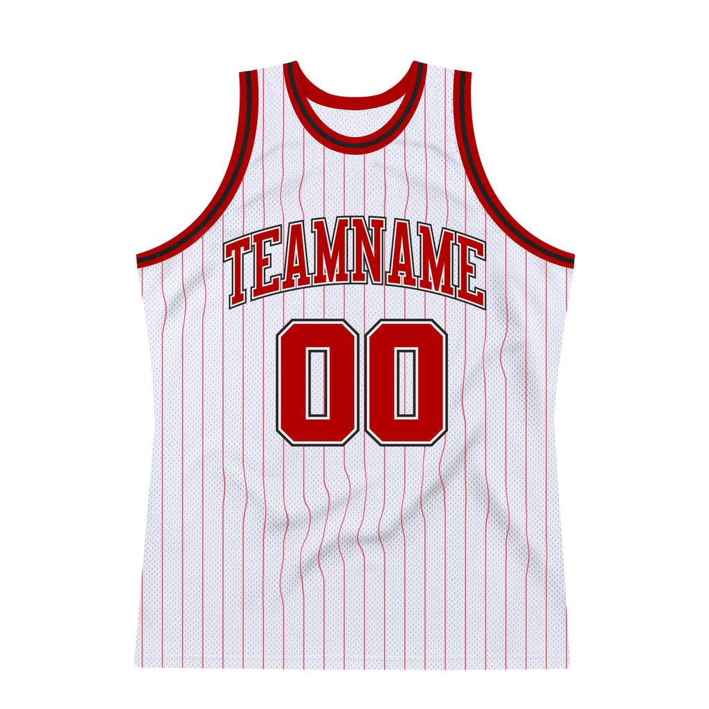 Custom Basketball Jersey - White Red Pinstripe Red-Black