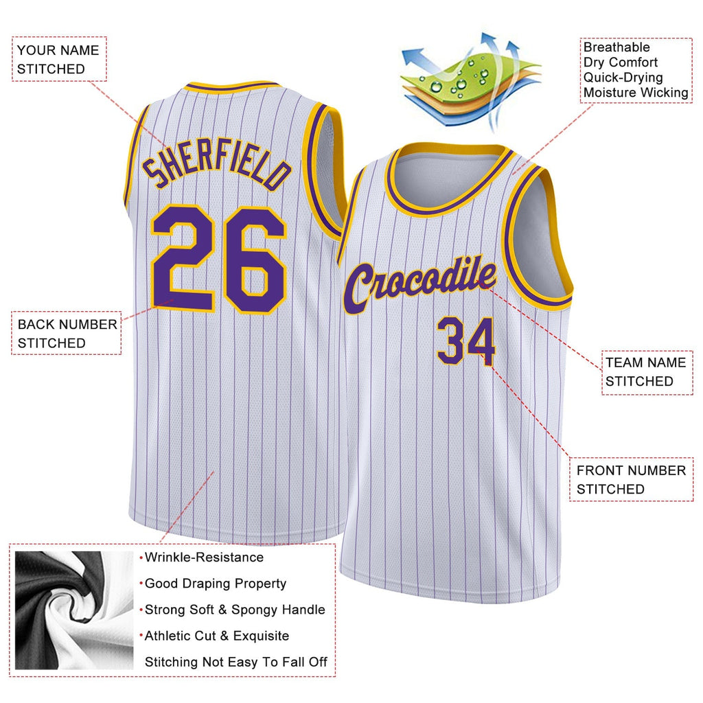 Custom Basketball Jersey - White Purple Pinstripe Purple-Gold