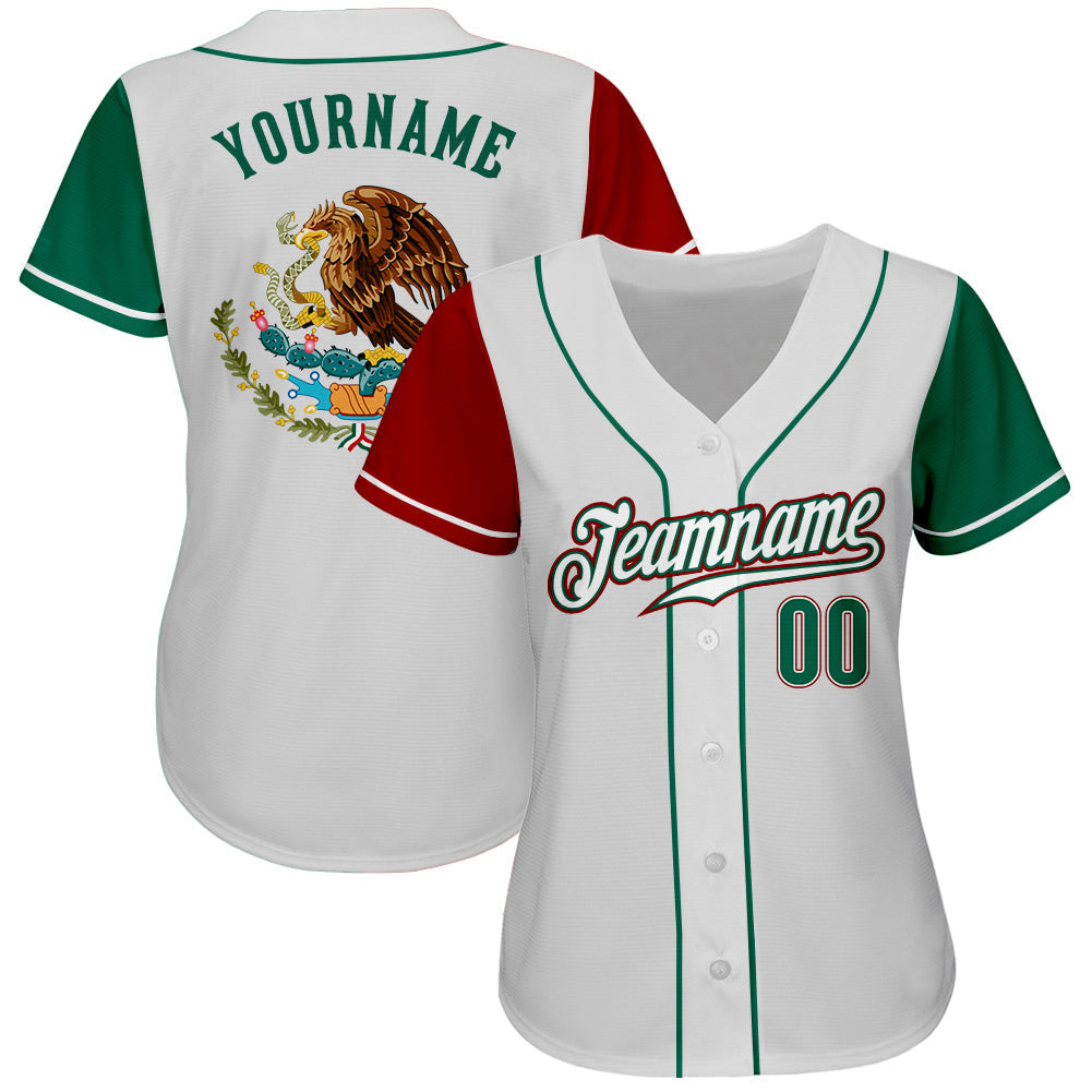 Custom Baseball Jersey - White Kelly Green-Red Mexico Two Tone