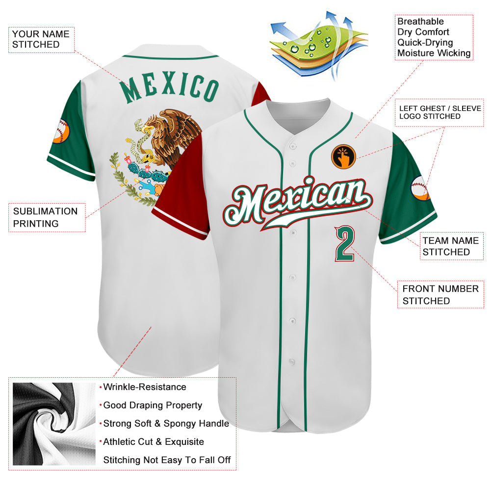 Custom Baseball Jersey - White Kelly Green-Red Mexico Two Tone