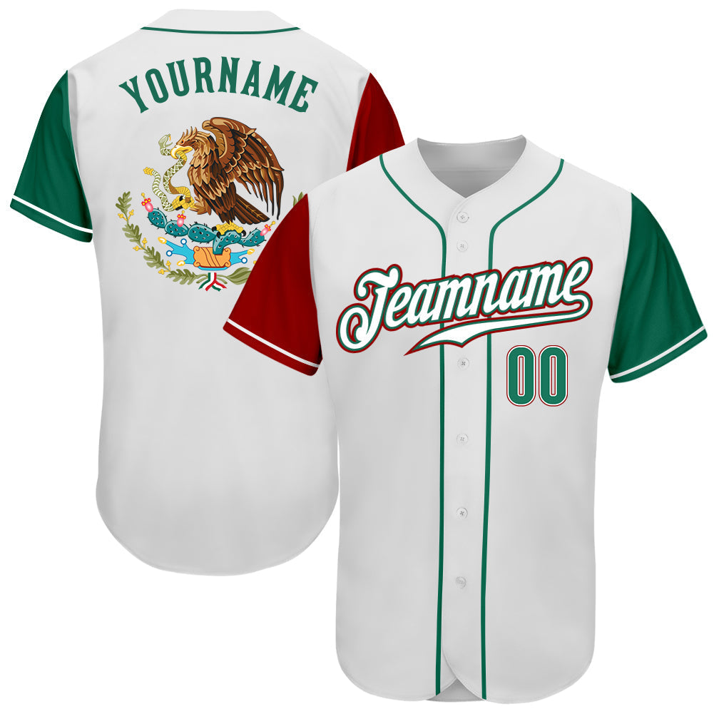 Custom Baseball Jersey - White Kelly Green-Red Mexico Two Tone