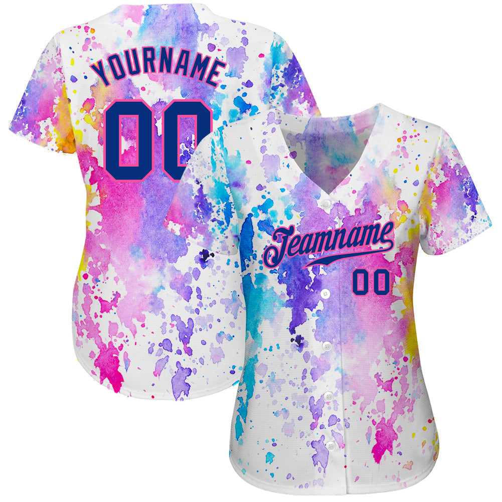 Custom Baseball Jersey - White Royal-Pink 3D Pattern Design Watercolor