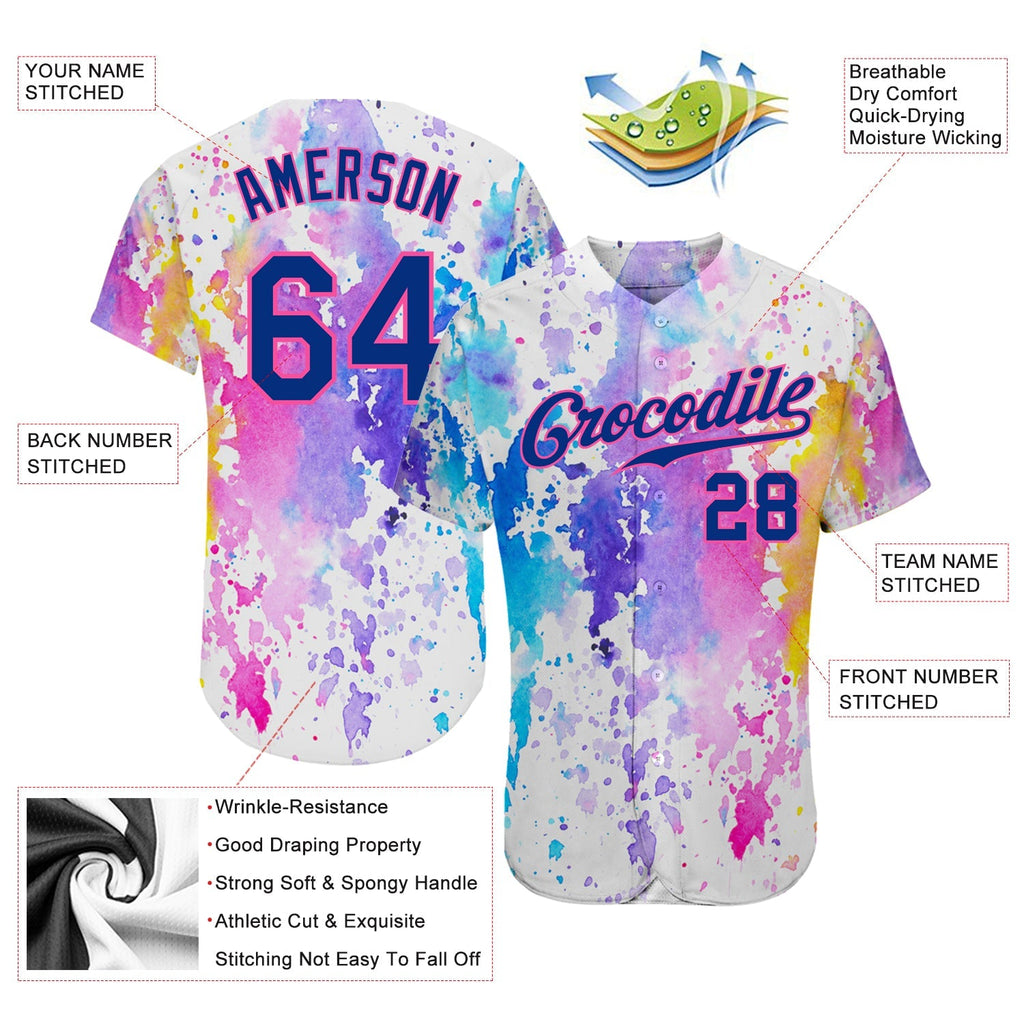 Custom Baseball Jersey - White Royal-Pink 3D Pattern Design Watercolor